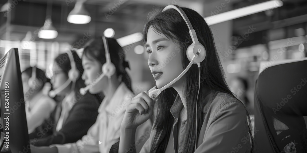 Poster a woman sitting at a computer wearing a headset. ideal for illustrating customer service or remote w