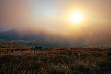 Amazing sunset in Ukrainian Carpathian mountains , Chornigysrsyi hrebet range