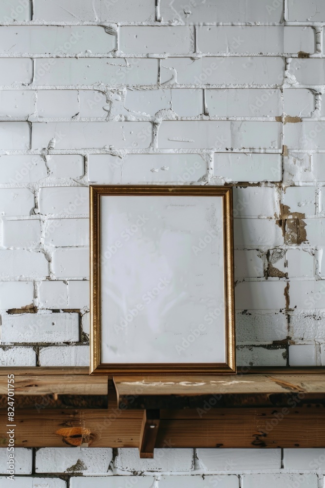 Poster a simple picture frame resting on a wooden shelf. ideal for interior design projects