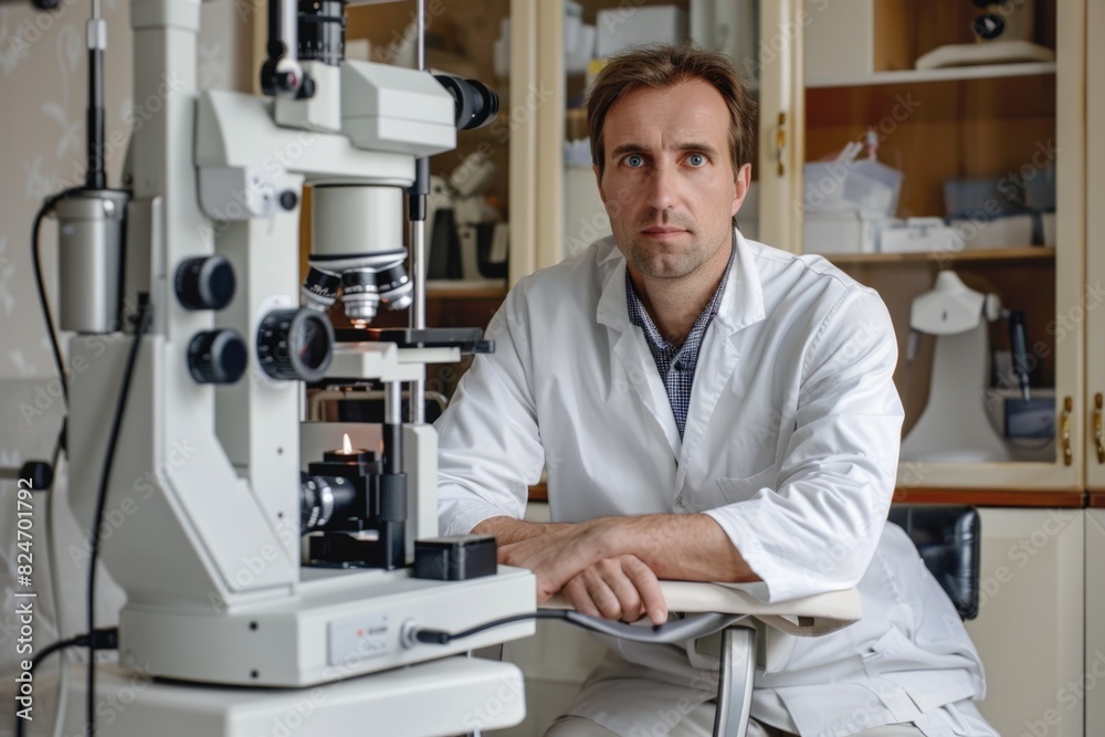 Poster a man sitting in front of a microscope. perfect for scientific and research concepts