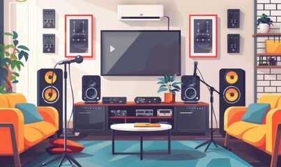 Home Karaoke Setup with Microphone and TV Showing Lyrics
