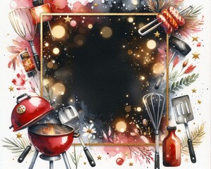 Festive BBQ frame: grilling tools, sausages, spices for summer cookouts and holiday celebrations