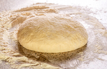 Close-up fermented doughs, homemade. Macro selective focus raw dough texture backdrop. Texture of rolled dough. Background of the dough for baking. Fresh raw dough for pizza or bread baking