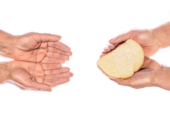 Hand with slice of whole wheat bread. Helping the homeless. Woman giving poor homeless person...