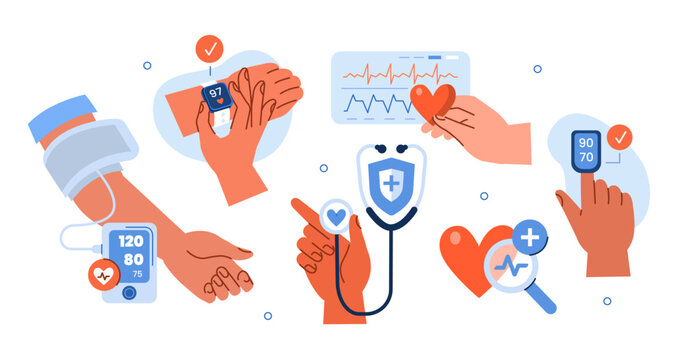Heart health concept set. Collection of people check and monitor blood pressure range, oxygen level, pulse with smartwatch, pulse oximeter and other medical devices. Vector illustration.