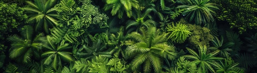 Aerial view of lush green tropical rainforest foliage with dense palm trees and abundant greenery, showcasing natural rainforest beauty.