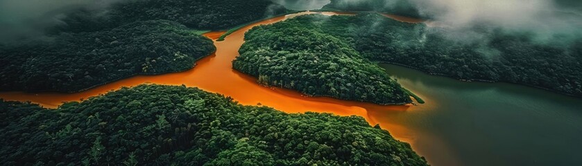Stunning aerial view of a river flowing through lush green rainforest, with vibrant red water creating a striking contrast in nature.