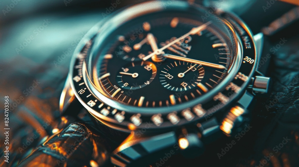 Poster detailed close-up of a watch on a leather surface. perfect for time-related designs and concepts
