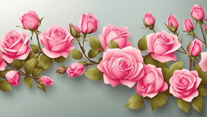 several pink roses with buds on a light grey background.