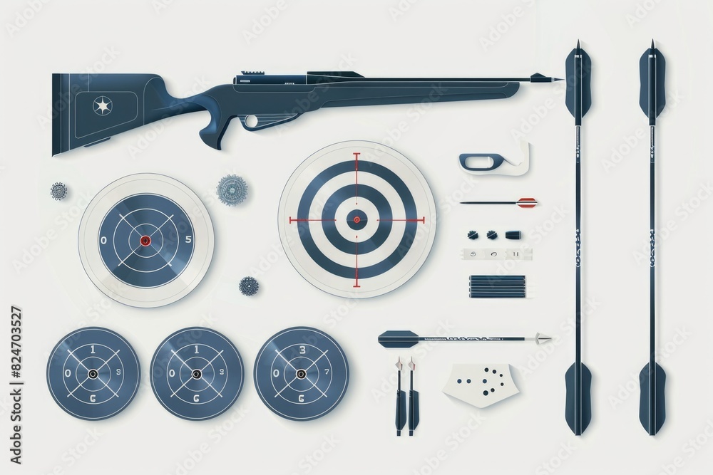 Poster various shooting items displayed on a white background. suitable for sports and leisure concepts