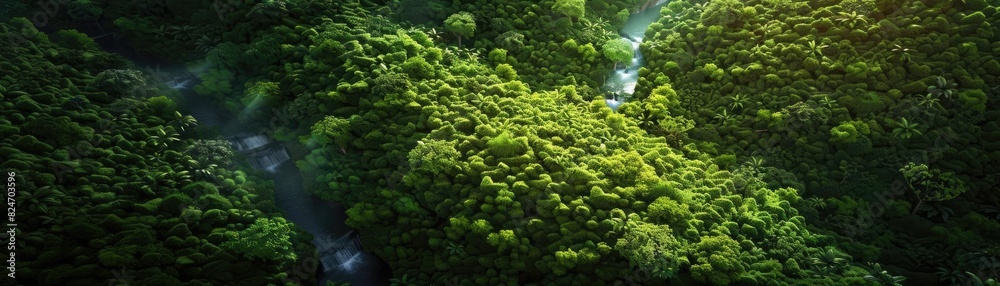 Poster aerial view of lush green forest canopy with bright sunlight filtering through, creating a serene an