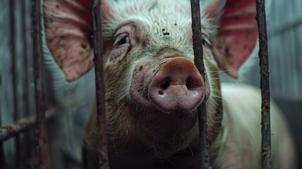 A close-up shot of a pig inside a cage. Suitable for farm or animal cruelty concepts