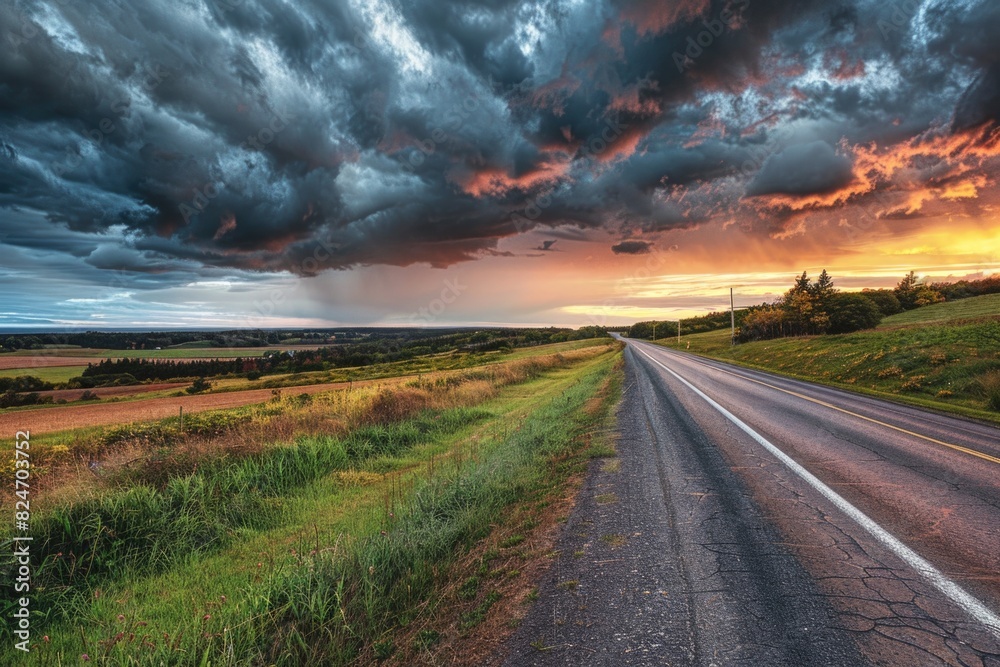 Aufkleber a deserted road with a cloudy sky in the background. suitable for various travel and weather concept