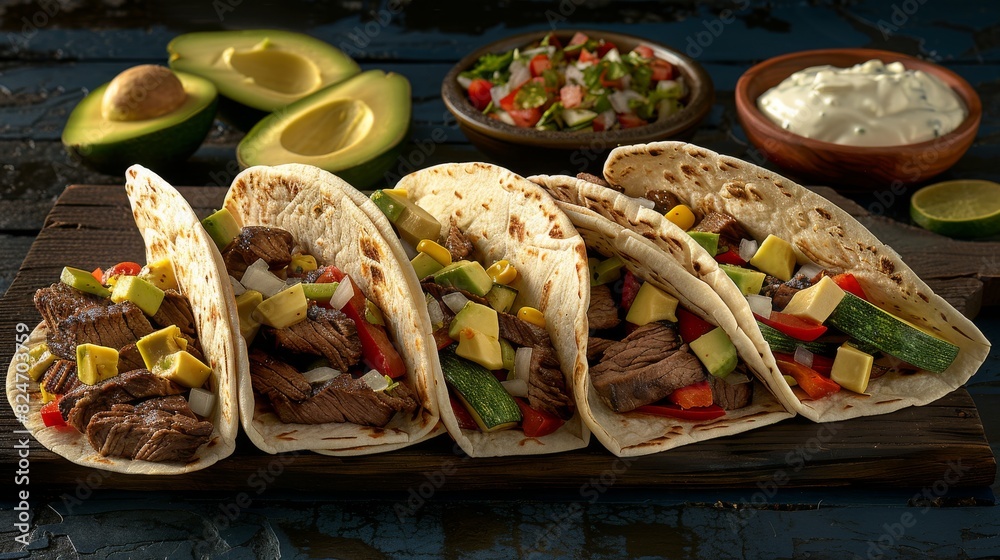 Wall mural Several beef fajita tacos topped with zucchini and bell peppers rest on a wooden cutting board