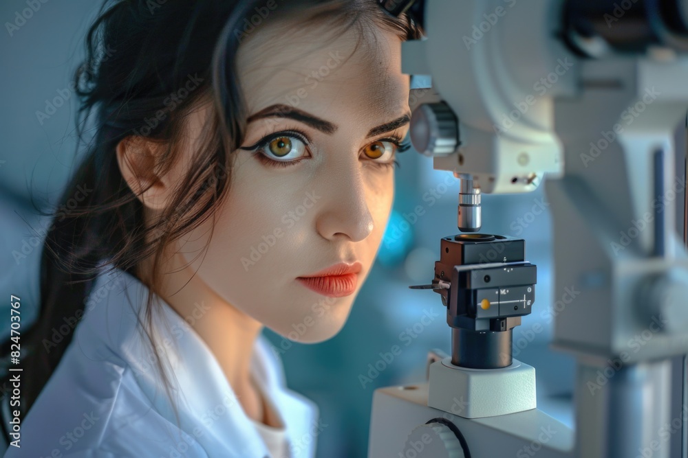 Poster a woman in a lab coat using a microscope. suitable for scientific and educational projects