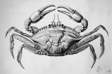 Detailed black and white illustration of a crab. Suitable for educational materials
