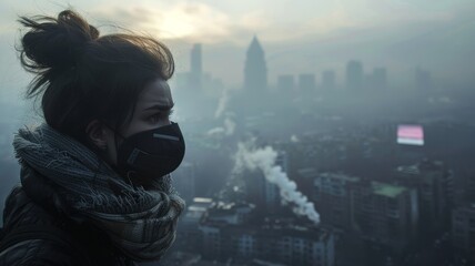 A woman wearing a mask looking out over a smog-filled city skyline, highlighting urban pollution and air quality issues.