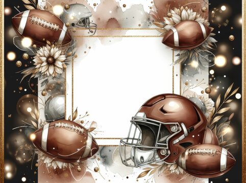 Football-themed frame with helmet and footballs, ideal for sports event invites or memorabilia.