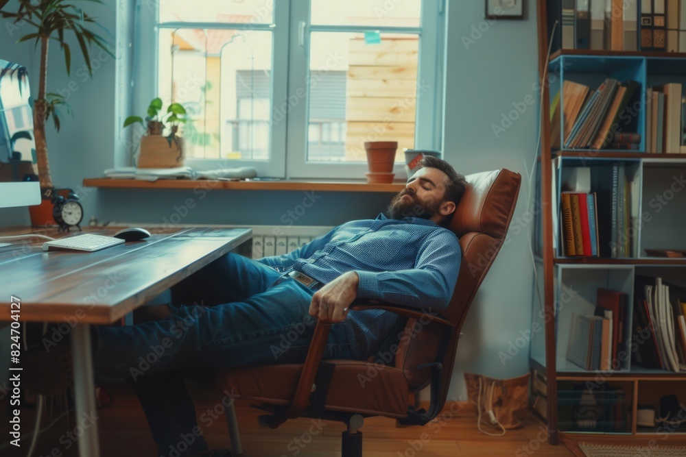 Poster A man laying on a chair in front of a computer. Suitable for technology and relaxation concepts