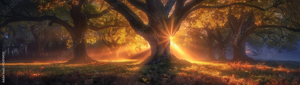 Aufkleber Sunlight filters through ancient trees in a mystical forest, casting a warm glow and creating a serene, magical atmosphere.