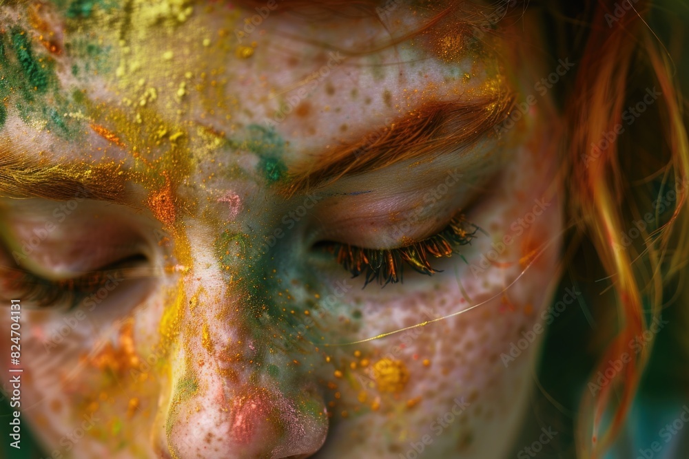 Poster close up of a person with paint on their face. perfect for artistic projects