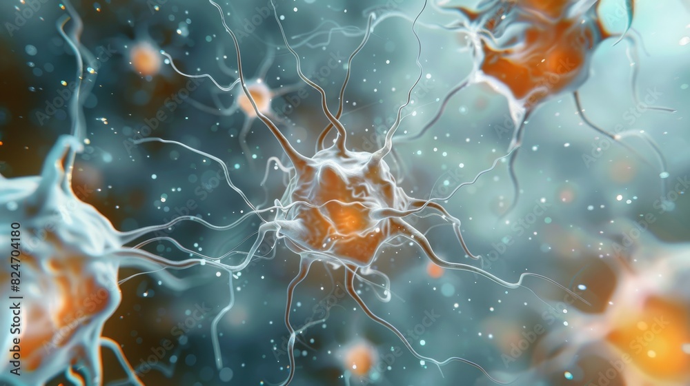 Aufkleber medical illustration, ultra close-up view of few neuron cells cluster transferring a signal to each 