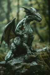 Fototapeta premium A majestic dragon statue perched on a rocky outcrop. Ideal for fantasy-themed designs