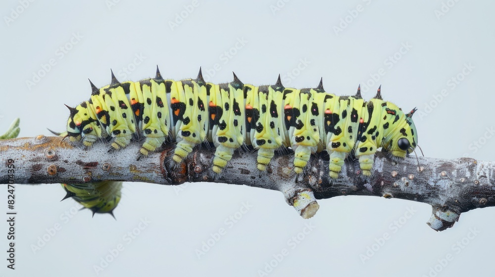 Poster close up of a caterpillar crawling on a tree branch. suitable for nature and wildlife themes