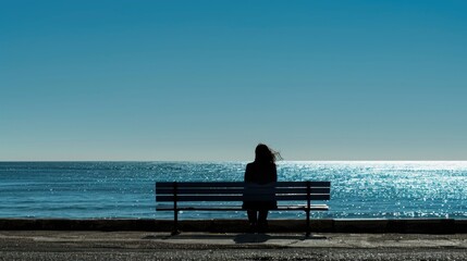 A woman sitting on a bench overlooking the ocean. Suitable for travel and relaxation concepts