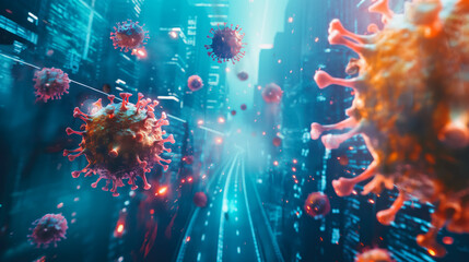Obraz premium The virus is over the city. Virus protection of the megalopolis. The spread of the virus through the air. Covid, flu, SARS