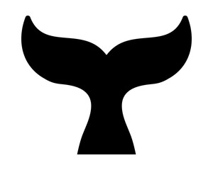 Whale tail icon. Black cetacean animal fin silhouette isolated on white background. Dolphin, orca, beluga or another marine mammal symbol. Sea or ocean theme emblem. Vector graphic illustration.