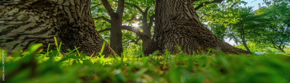 Poster peaceful forest scene with sunbeams filtering through green leaves, focusing on trees and grass. a s
