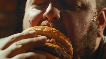 A man with a beard enjoying a hamburger. Great for food-related designs