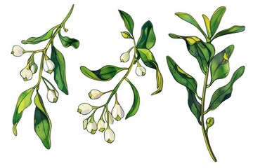 Close-up view of a branch with white flowers and green leaves, suitable for nature or gardening themes