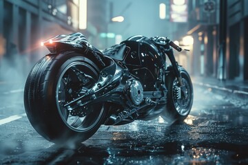 Motorcycle parked on wet street, suitable for transportation concepts