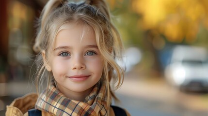 Fototapeta premium Happy little white girl looking at camera ready to go back to school, early autumn. Generative AI.