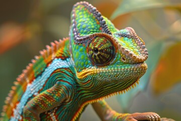 Close up of a colorful chameleon on a branch, suitable for nature and wildlife themes