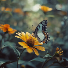 Obraz premium A delicate butterfly gracefully perches atop a vibrant flower, its wings outstretched like delicate stained glass. 