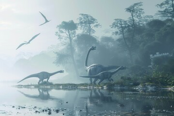 Group of dinosaurs standing near a body of water, suitable for educational materials