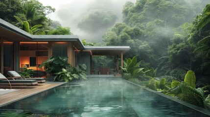 The swimming pool in front of an open wooden terrace surrounded by lush tropical vegetation, a...