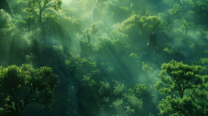 Obraz premium In a tranquil forest glade, golden rays of sunlight cascade through the dense canopy above, creating a mesmerizing dance of light and shadow on the mossy forest floor.