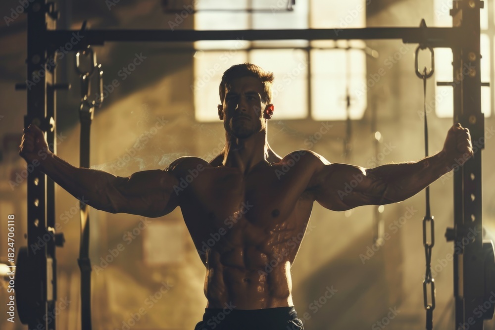 Poster a man performing a pull up exercise in a gym. suitable for fitness and workout concepts