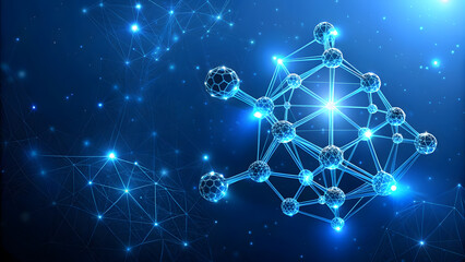 Abstract Low Poly Wireframe Molecule Model on Blue Background: Science and Medical Concept. Perfect for: World Science Day, International Day of Women and Girls in Science, National DNA Day.