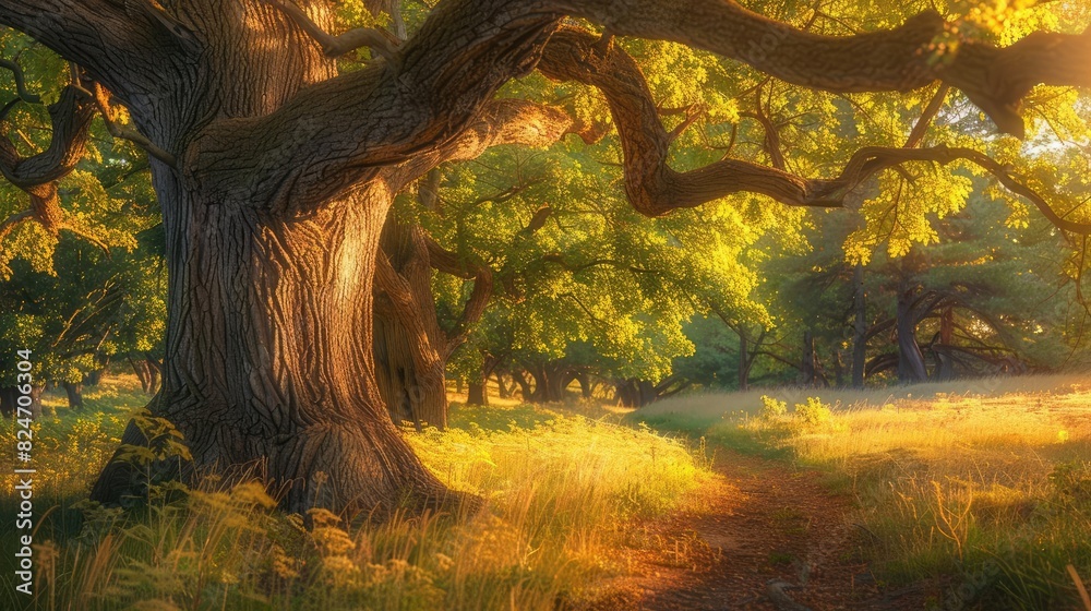 Poster majestic oak tree in a sunlit forest meadow, dappled with golden light, creating a serene and inviti