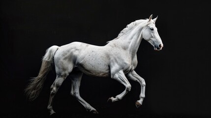 Majestic white horse galloping on a dramatic black background. Suitable for equestrian or fantasy themed projects