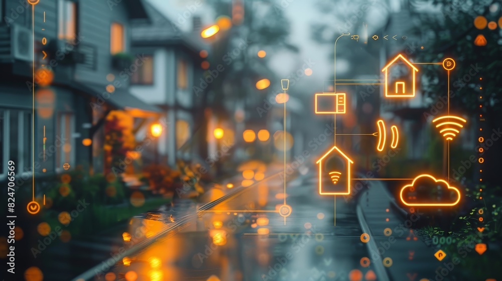 Leinwandbilder a smart home system with icons and symbols of various appliances, technology elements such as lightn
