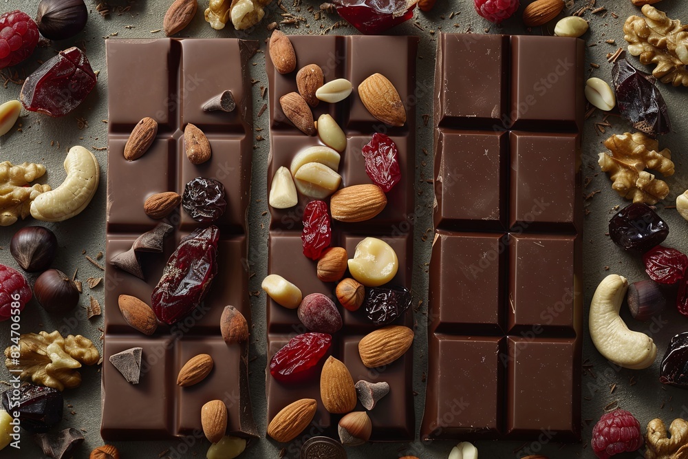 Poster a detailed close-up of a chocolate bar filled with nuts and cranberries, showcasing rich textures an