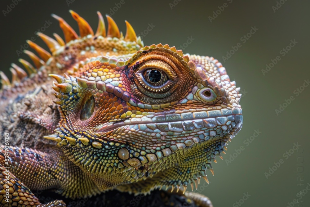 Poster close up of a lizard's face with a blurry background. suitable for nature and wildlife themes