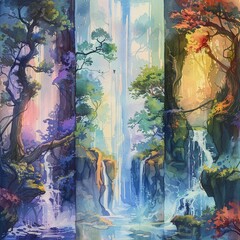 Assortment of watercolor fantasy landscapes from a cascading waterfall to a mysterious forest