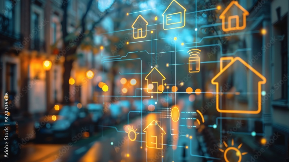 Fototapete A smart home system with icons and symbols of various appliances, technology elements such as lightning bolts or digital connections on the glass surface of an outdoor building facade. Generative AI.